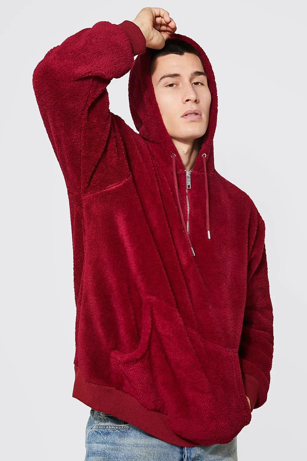 Oversized Half Zip Neck Borg Hoodie | boohooMAN UK