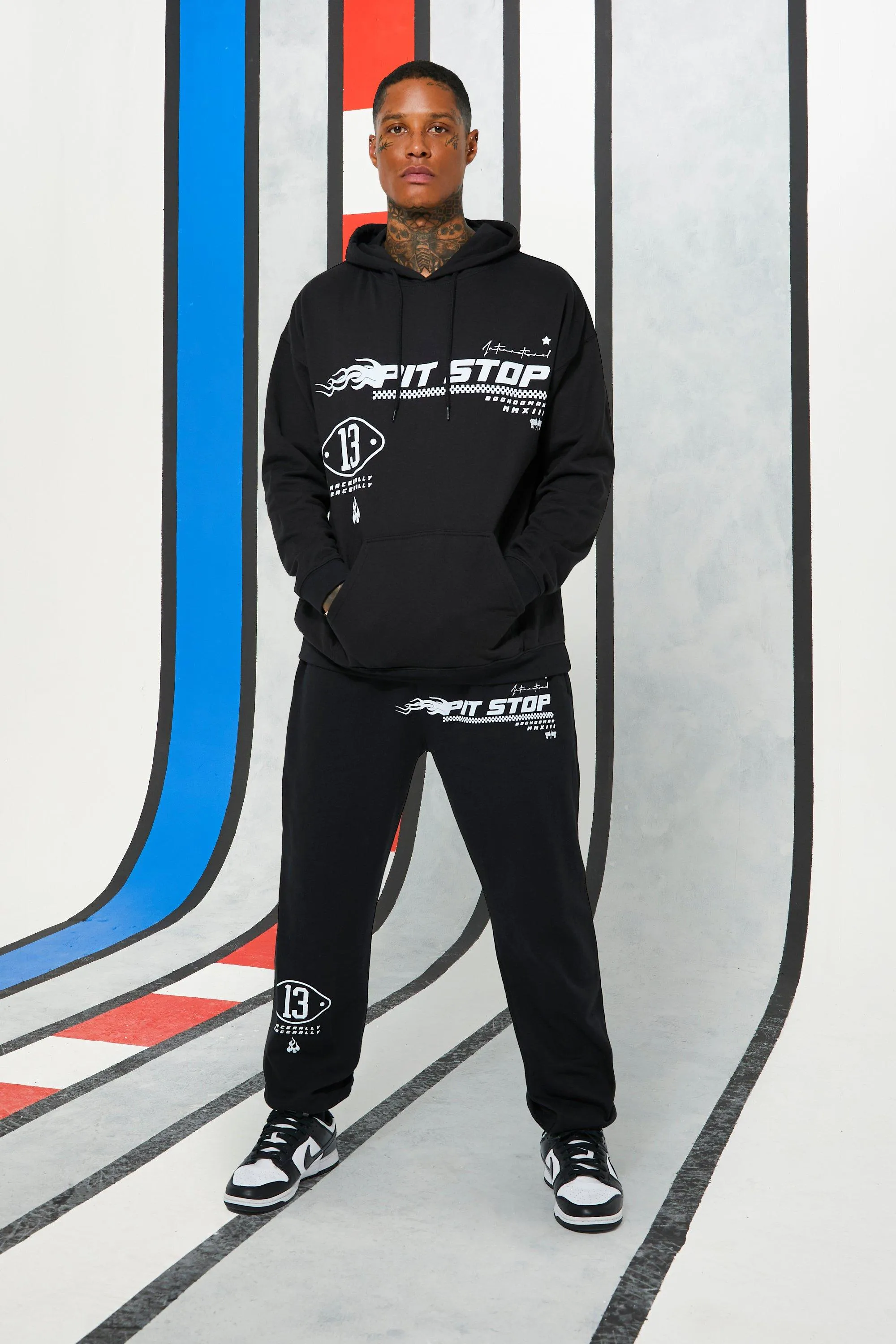 Oversized Pit Stop Moto Multi Print Hoodie Tracksuit