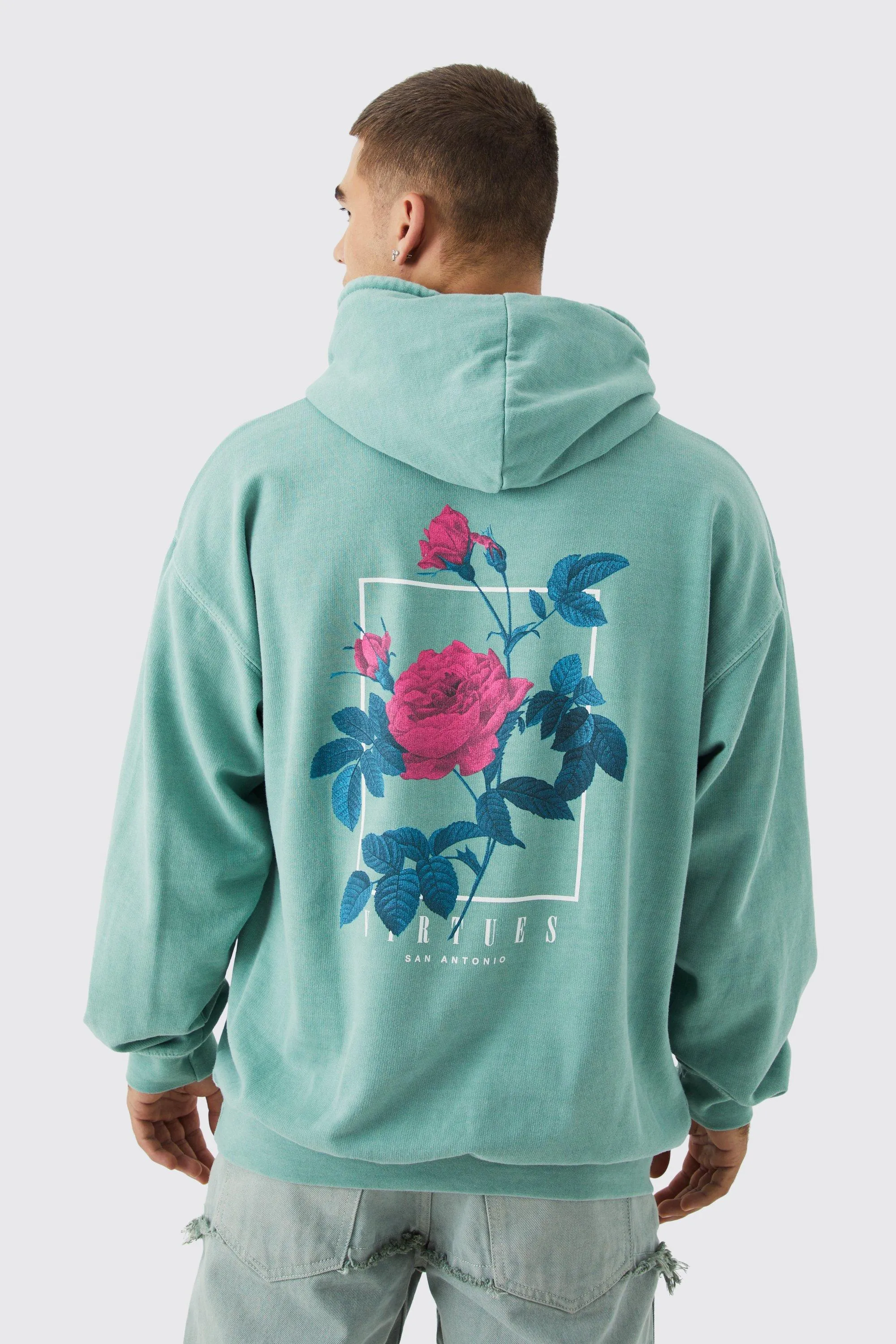 Oversized Washed Virtues Graphic Hoodie | boohooMAN UK