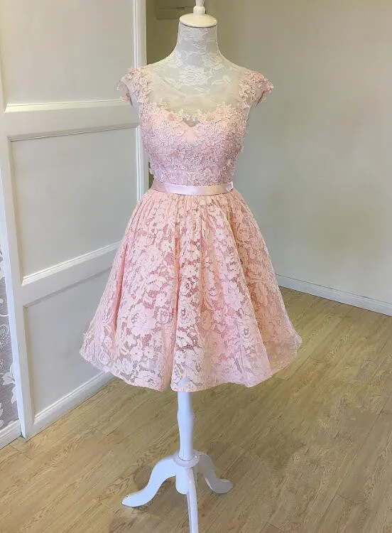 Pink Elegant Lace High Low Formal Dress, Round Neckline Party Dress, Lace Applique Formal Dresses