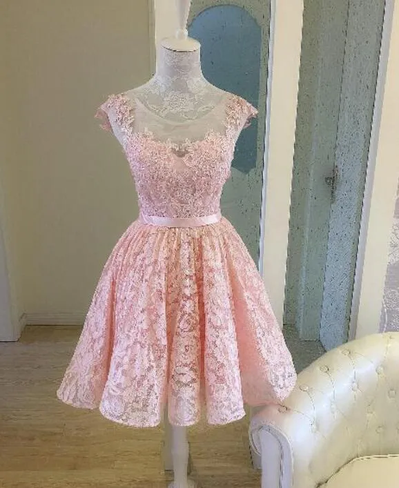 Pink Elegant Lace High Low Formal Dress, Round Neckline Party Dress, Lace Applique Formal Dresses