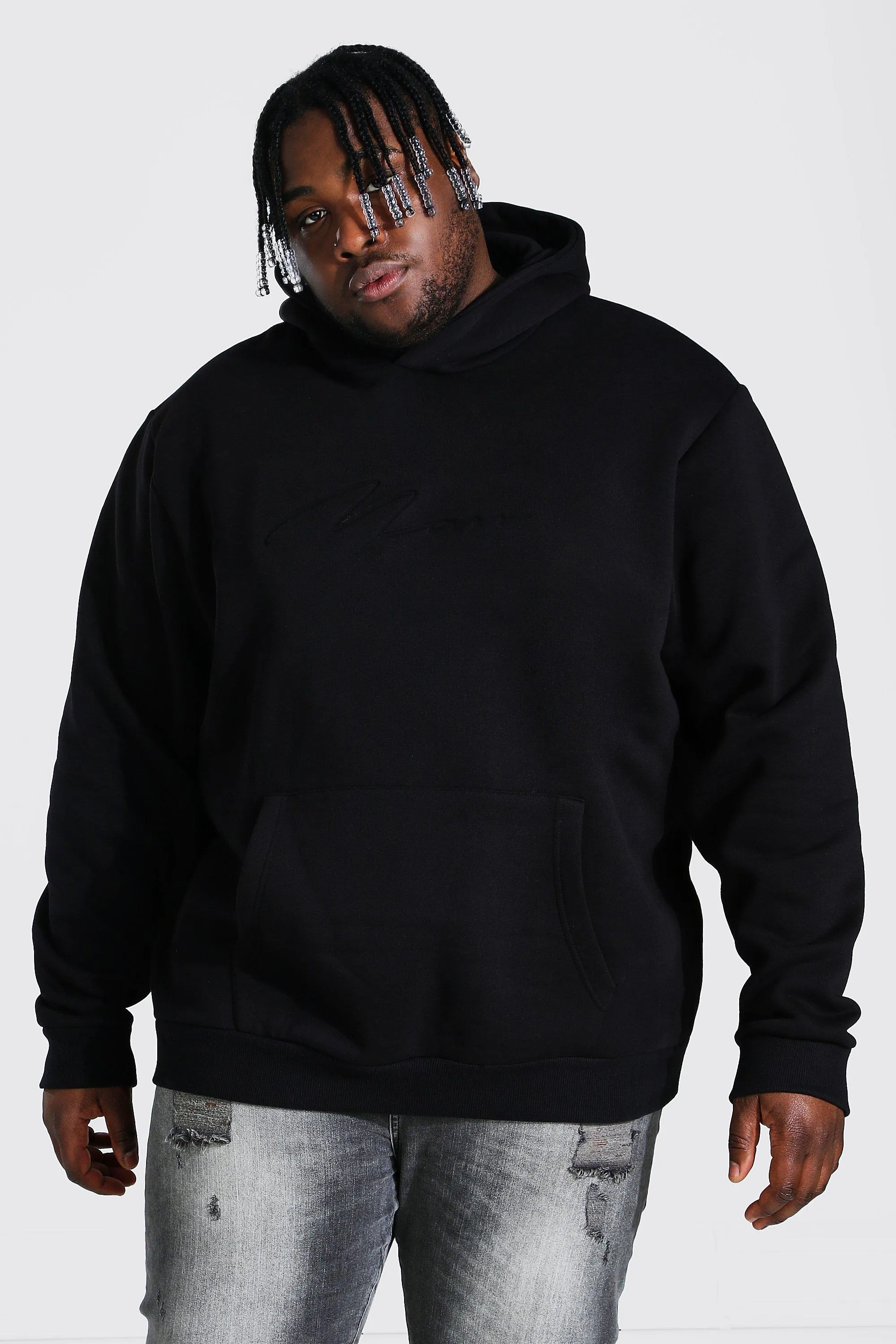 Plus Size Man Script Debossed Hoodie | boohooMAN UK