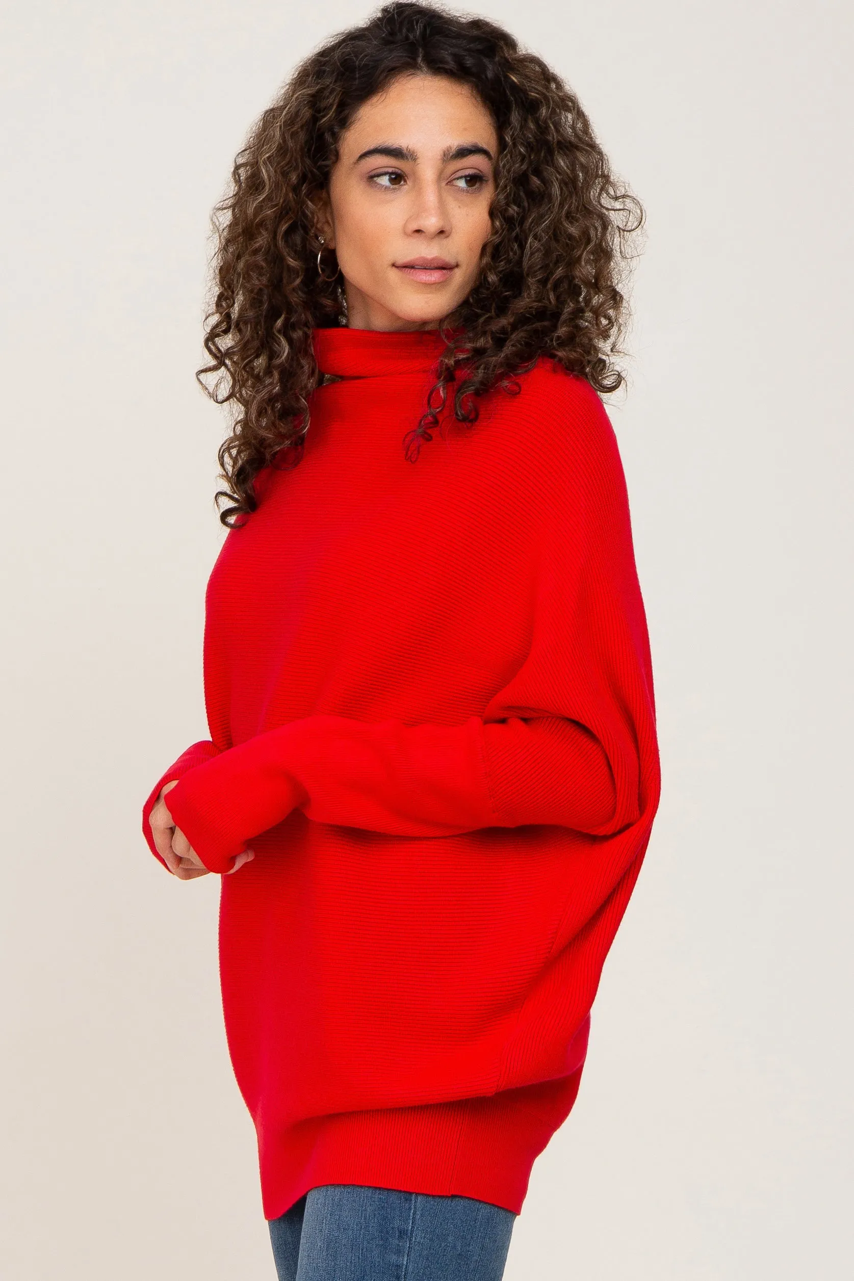 Red Funnel Neck Dolman Sleeve Sweater