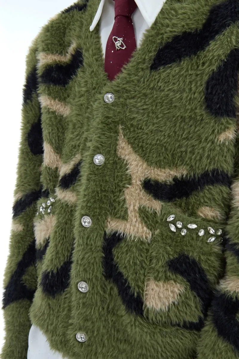 Rhinestone Camo Faux Fur Cardigan