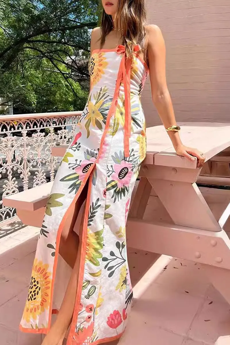 Sexy Floral Print Lace Up Slit Strapless Printed Dresses