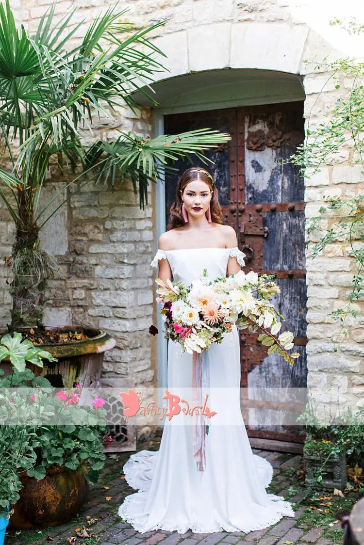 Simple Off White Off Shoulder Boho Wedding Dresses,DB0139