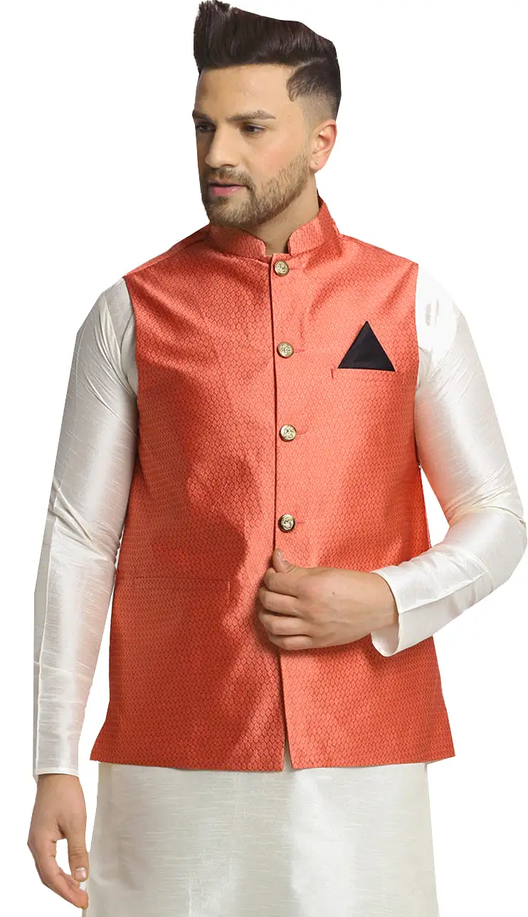 Sleeveless Men's Indian Traditional Nehru Jacket Silk (Peach)