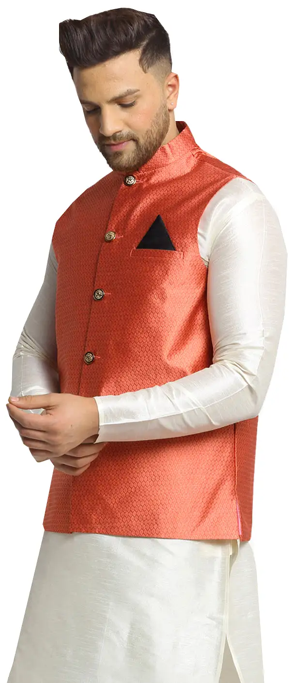 Sleeveless Men's Indian Traditional Nehru Jacket Silk (Peach)