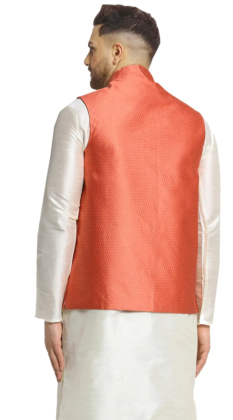 Sleeveless Men's Indian Traditional Nehru Jacket Silk (Peach)