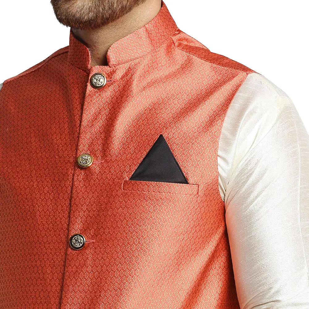 Sleeveless Men's Indian Traditional Nehru Jacket Silk (Peach)