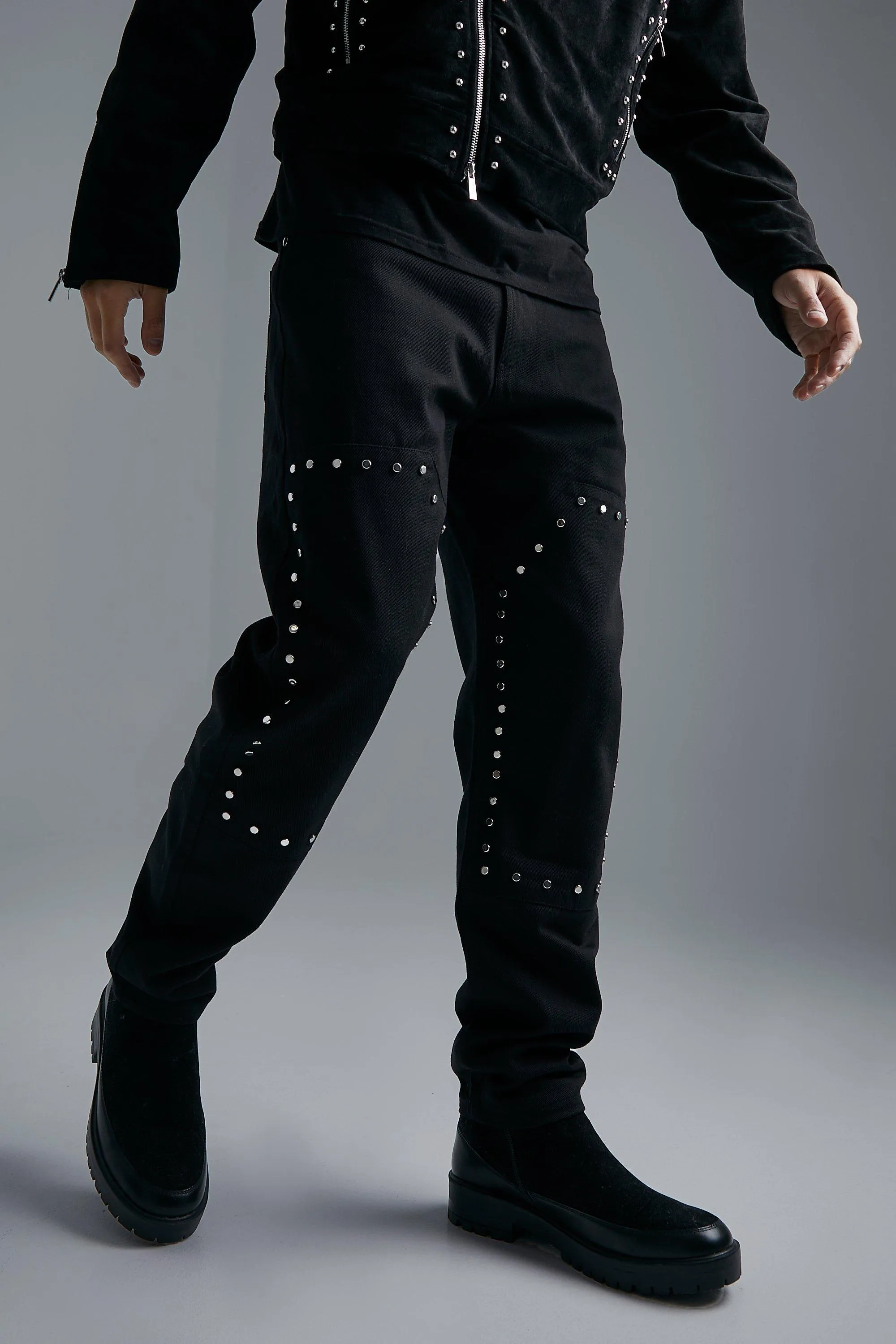 Slim Fit Studded Worker Panel Jeans | boohooMAN UK