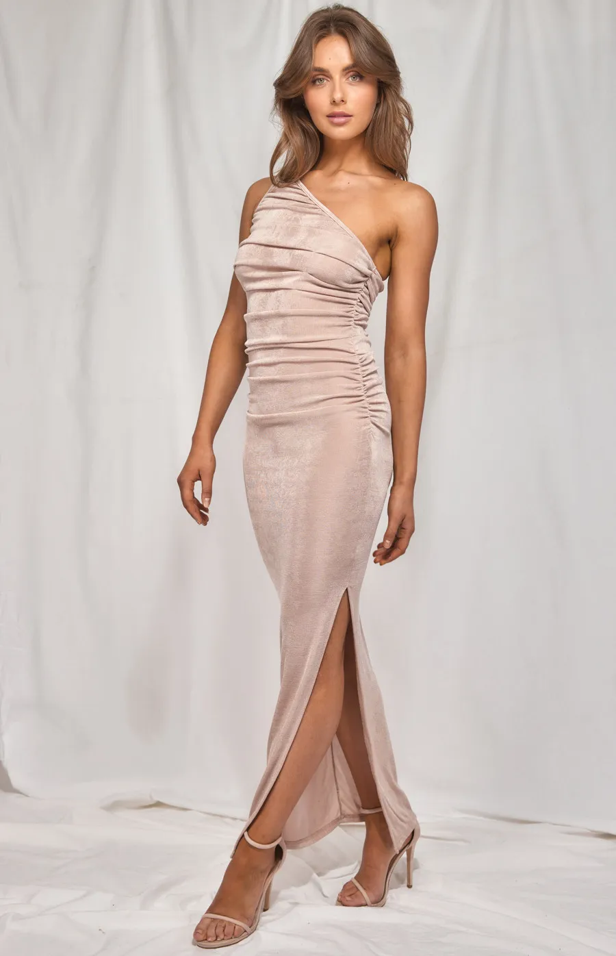 Slinky Jersey One Shoulder Ruche Maxi Dress (WDR348A)