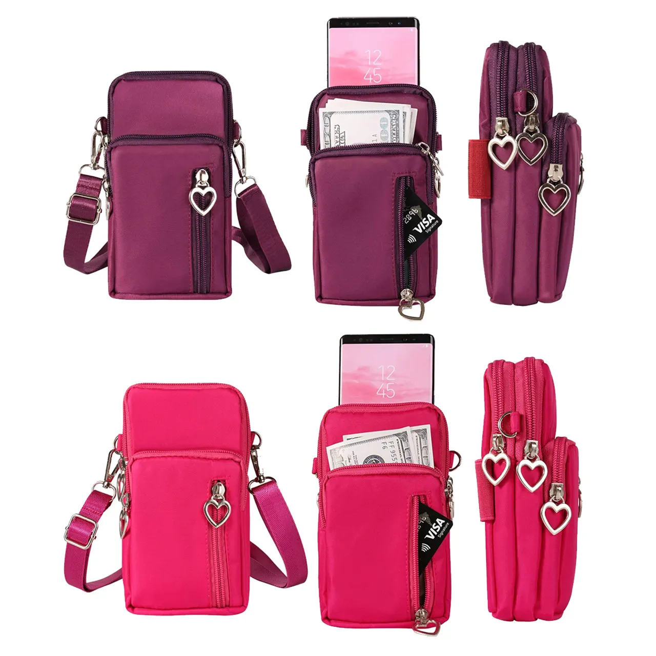 Small Crossbody Wallet Phone Bag with Heart Pull Tab (2-Pack)