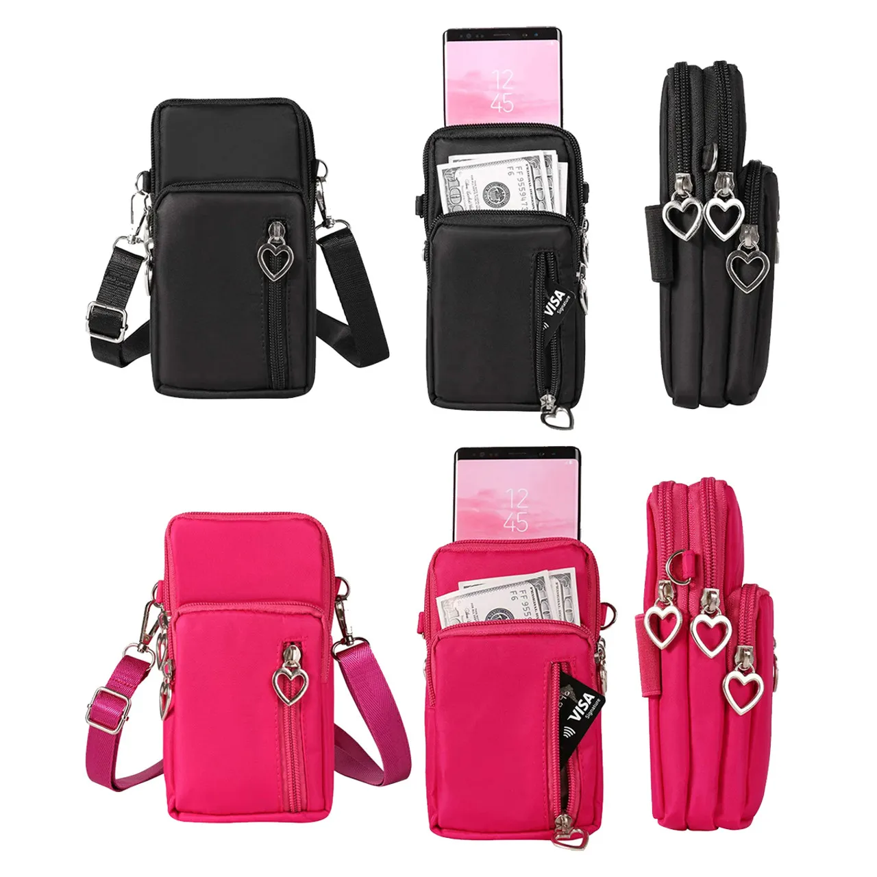 Small Crossbody Wallet Phone Bag with Heart Pull Tab (2-Pack)