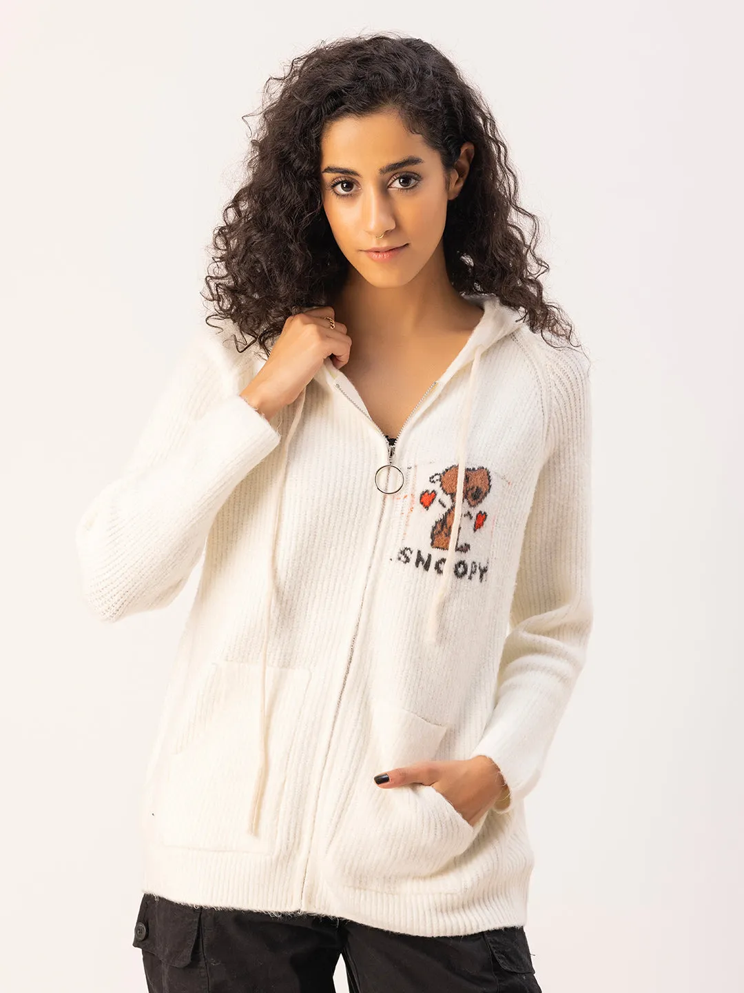 Snoopy Knit Hoodie-White