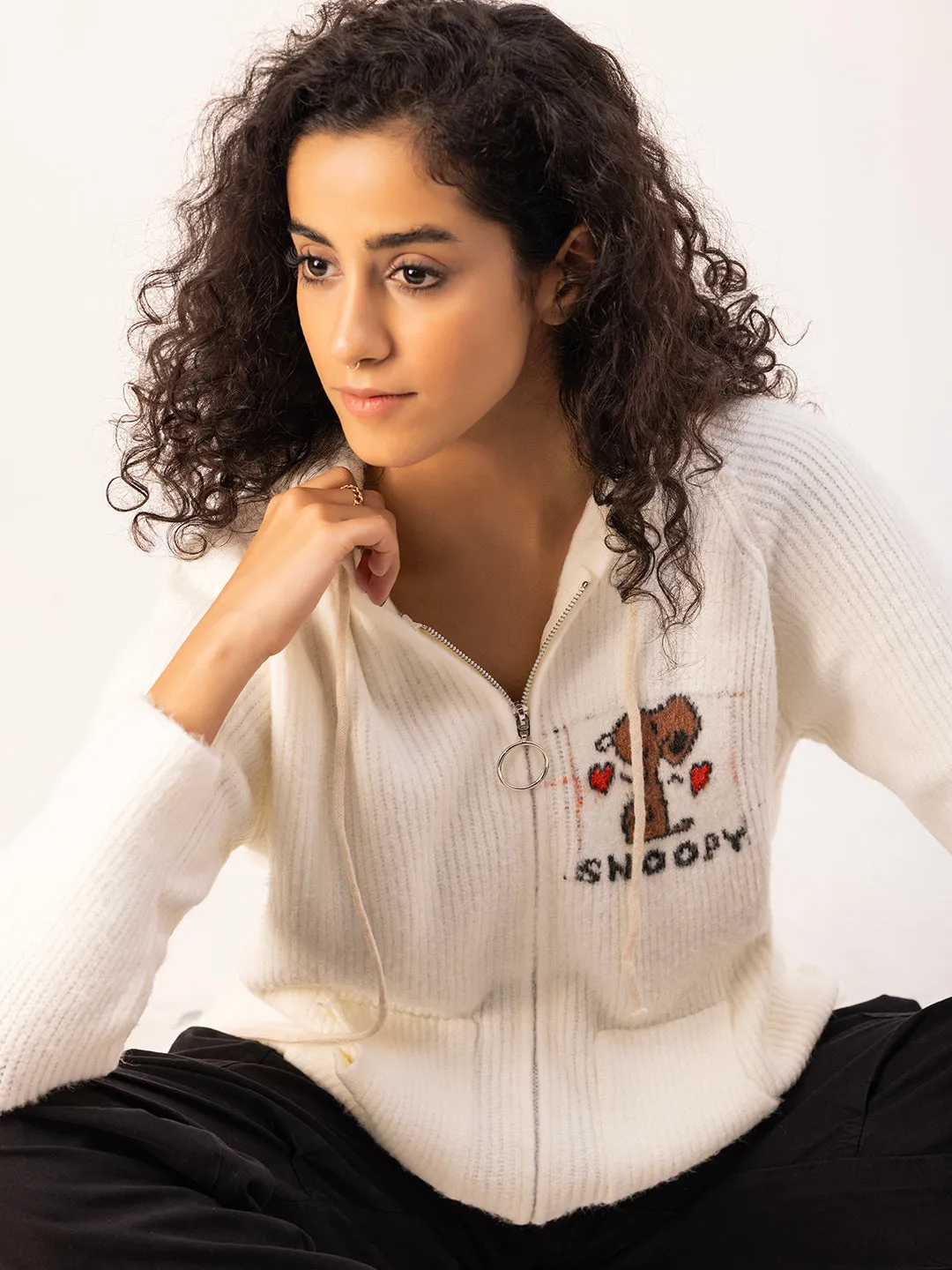 Snoopy Knit Hoodie-White