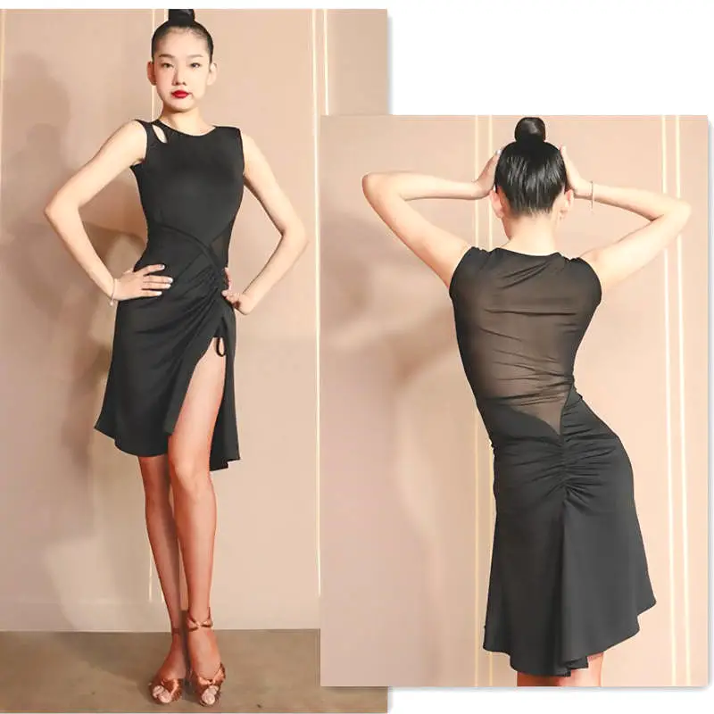 Summer High Split Black Latin Dancewear Dress | 717