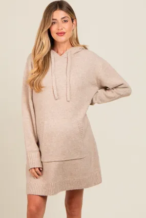 Taupe Hooded Front Pocket Maternity Sweater Dress