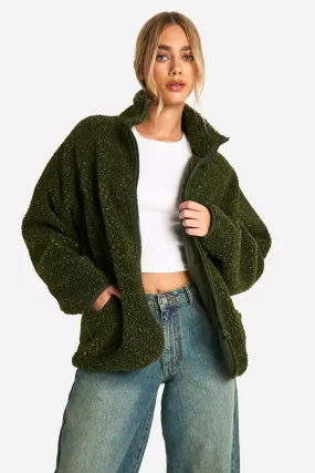 Textured Oversized Teddy Zip Up Jacket