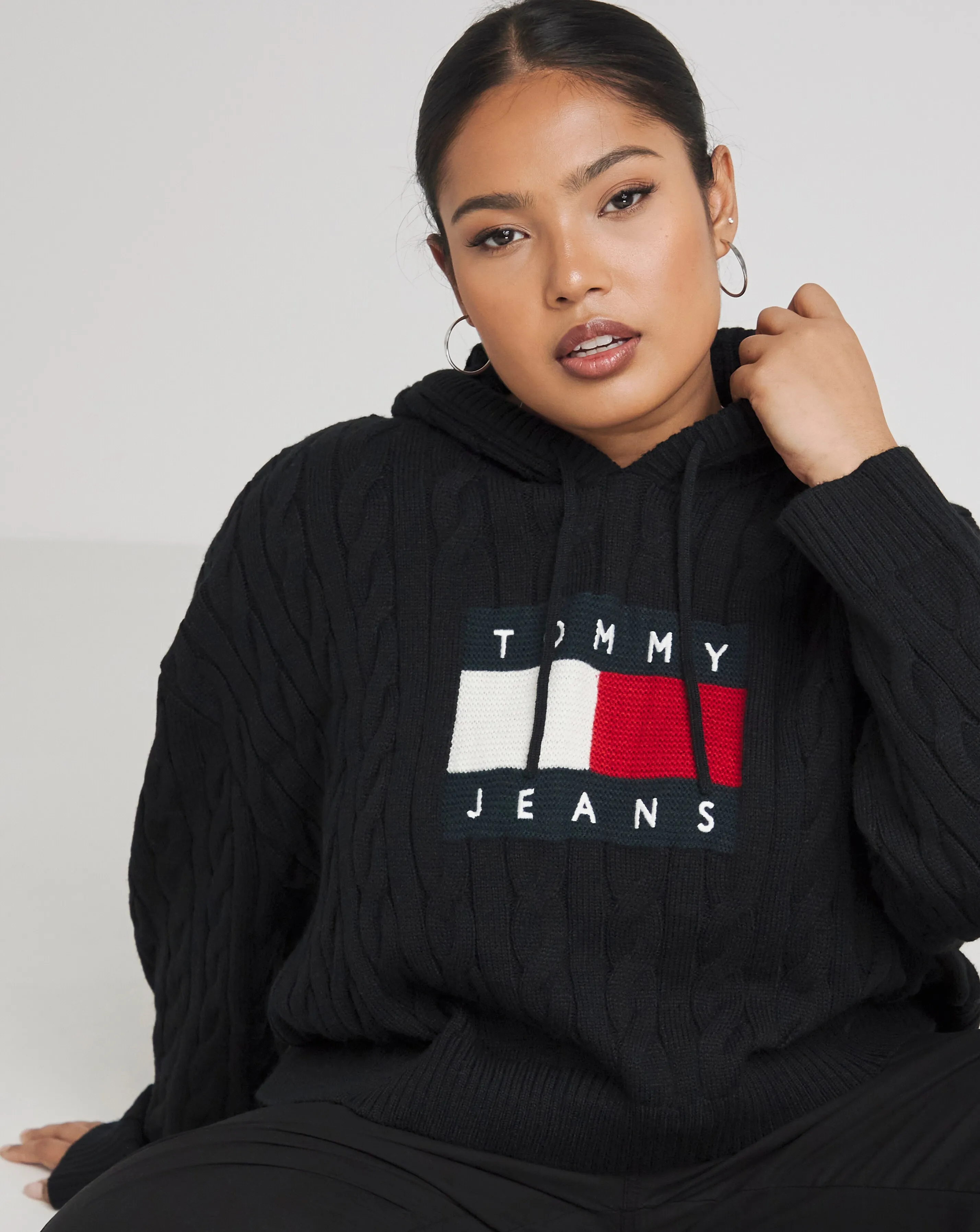 Tommy Jeans Centre Flag Cable Knit Hoodie | Simply Be