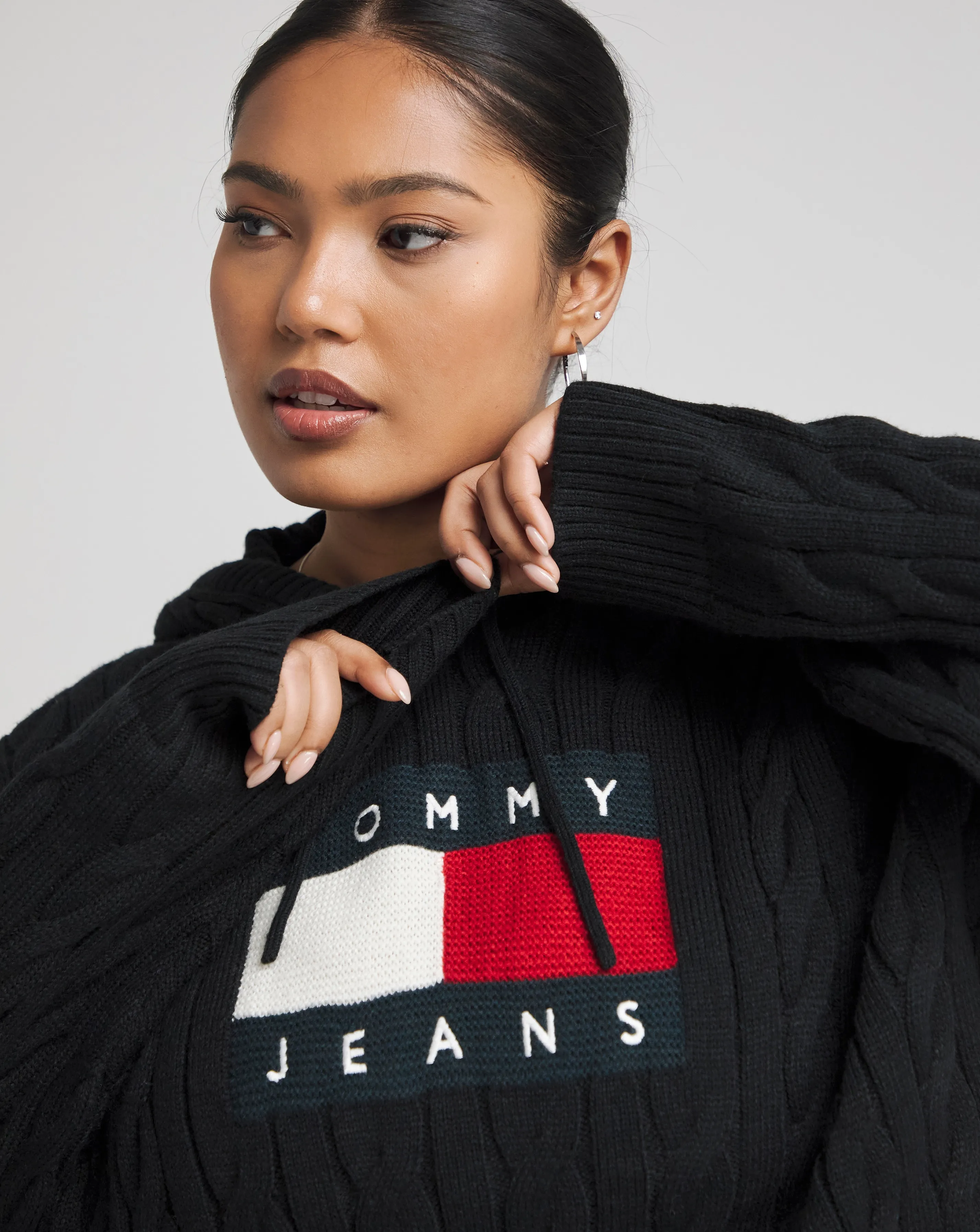 Tommy Jeans Centre Flag Cable Knit Hoodie | Simply Be