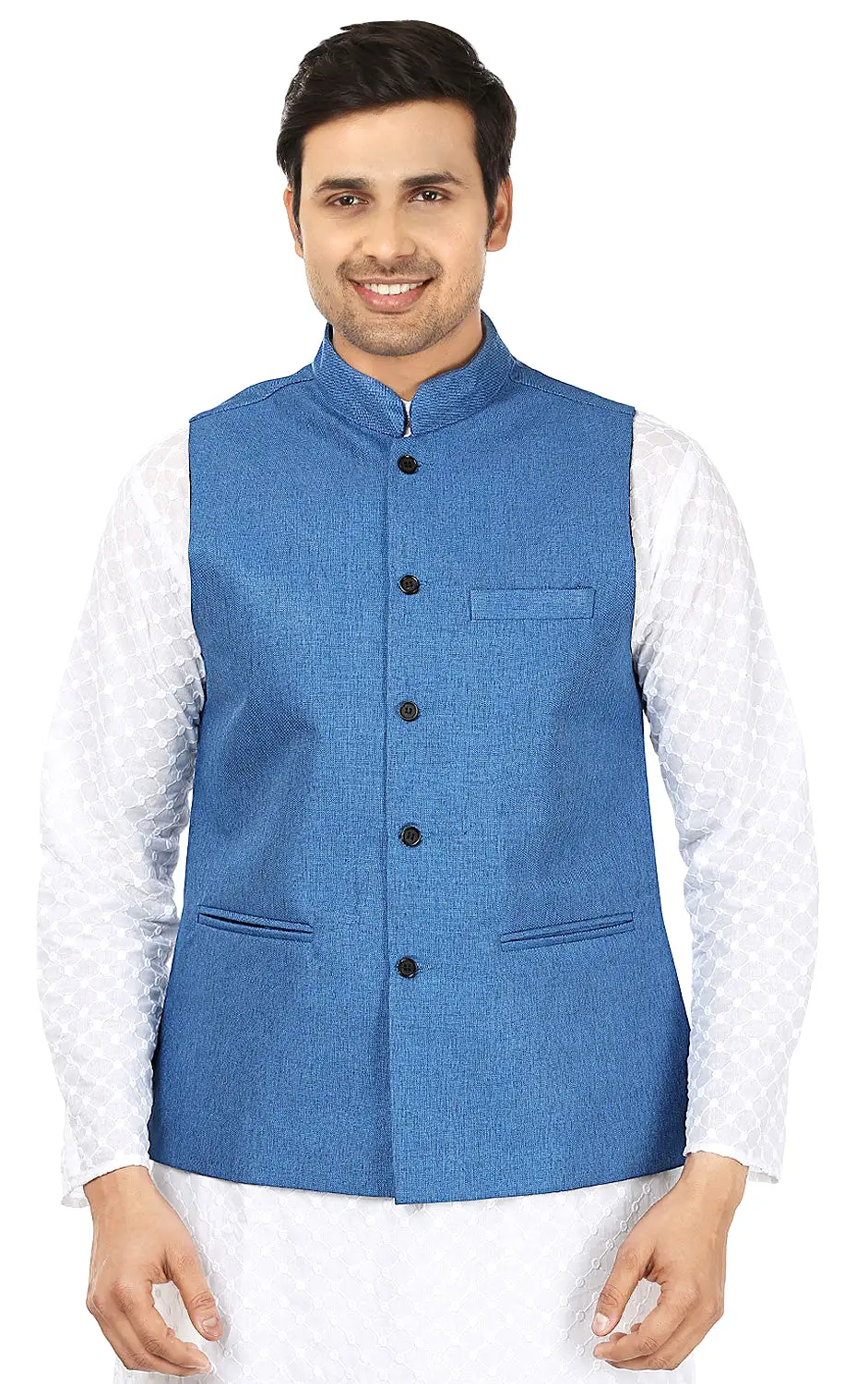 Traditional Indian Men's Sleeve Less Jute Closed Neck Waistcoat (Blue)