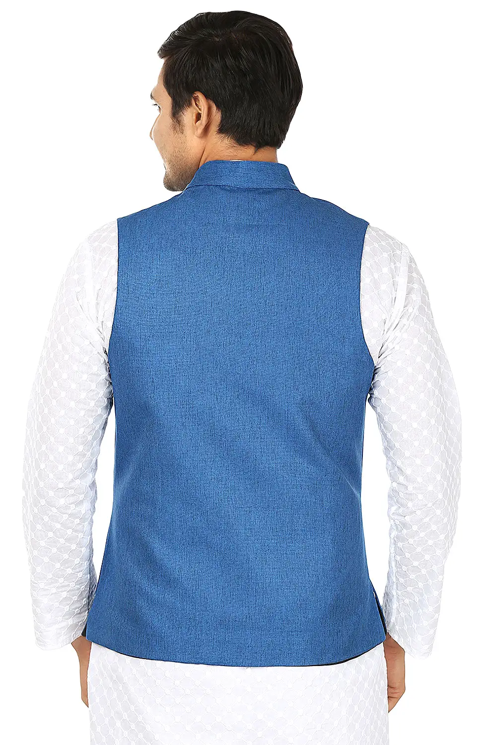 Traditional Indian Men's Sleeve Less Jute Closed Neck Waistcoat (Blue)