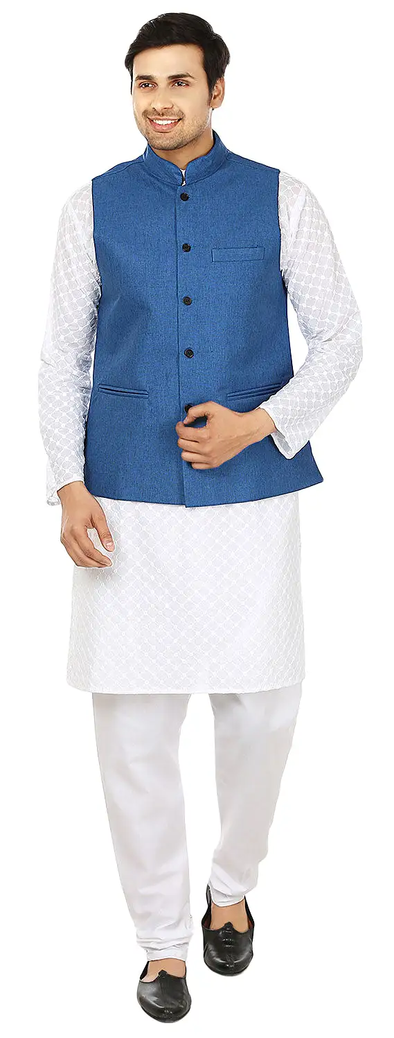 Traditional Indian Men's Sleeve Less Jute Closed Neck Waistcoat (Blue)