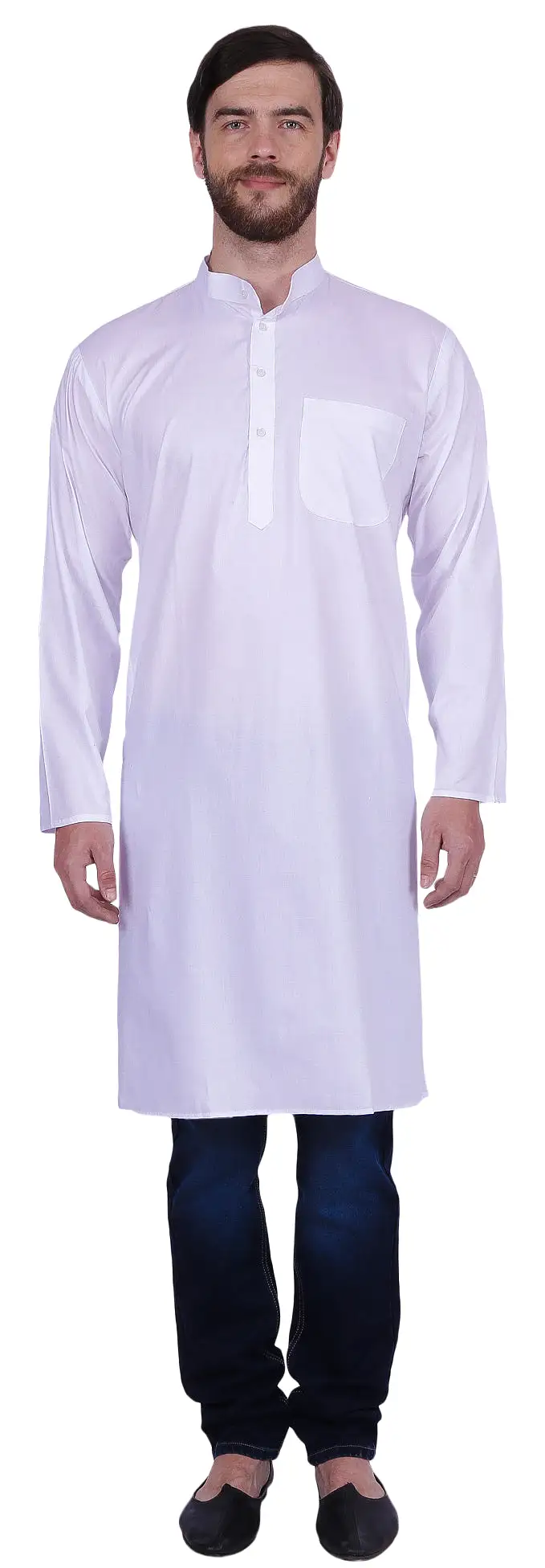 Traditional Men's Long Kurta Solid Color India Clothes (White)