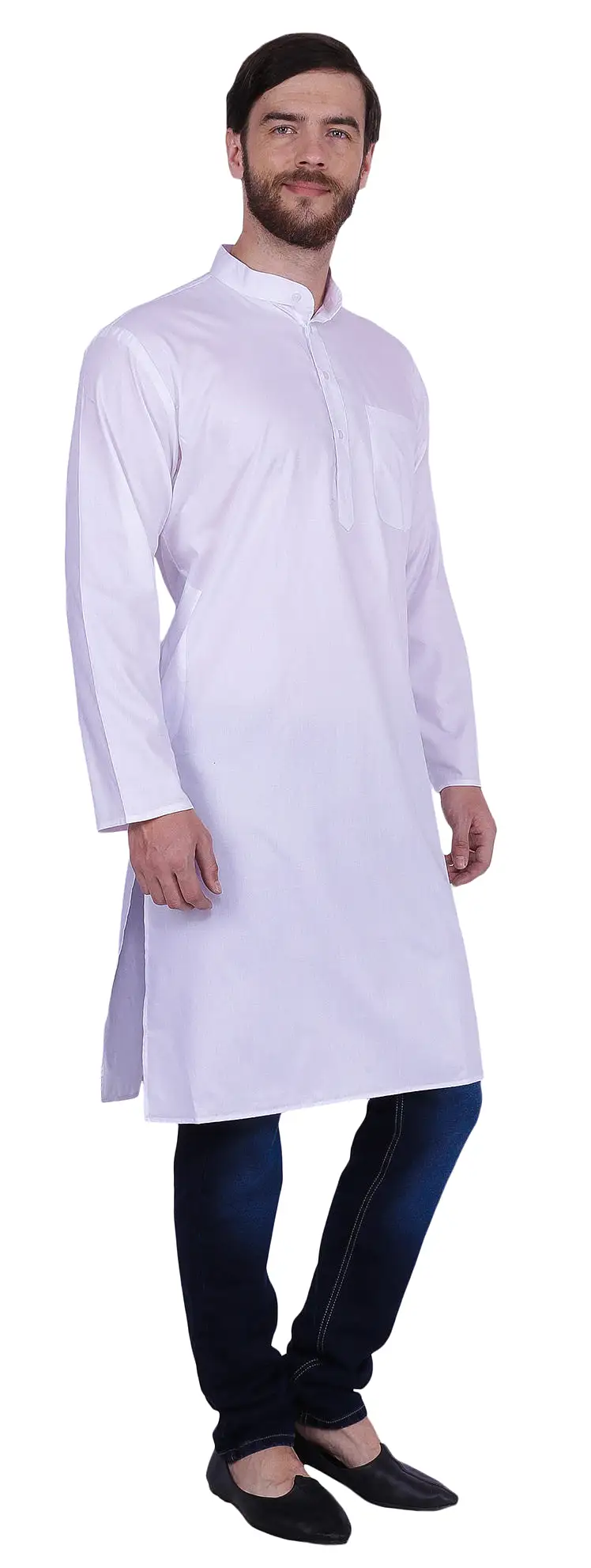 Traditional Men's Long Kurta Solid Color India Clothes (White)