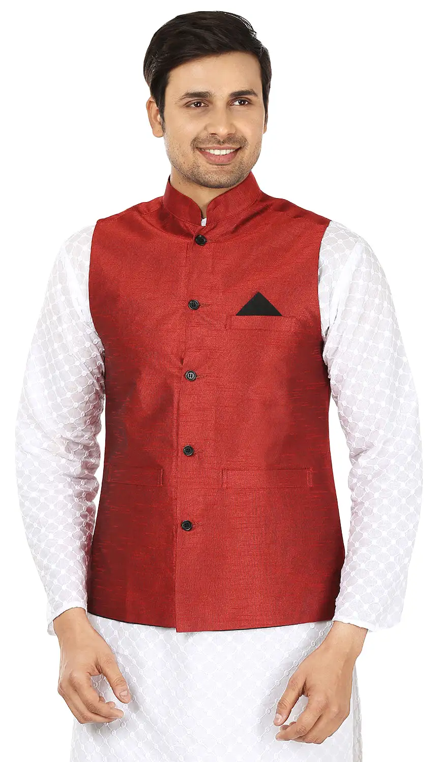 Traditional Men's Sleeve Less Silk Nehru Jacket India Waistcoat (Red)