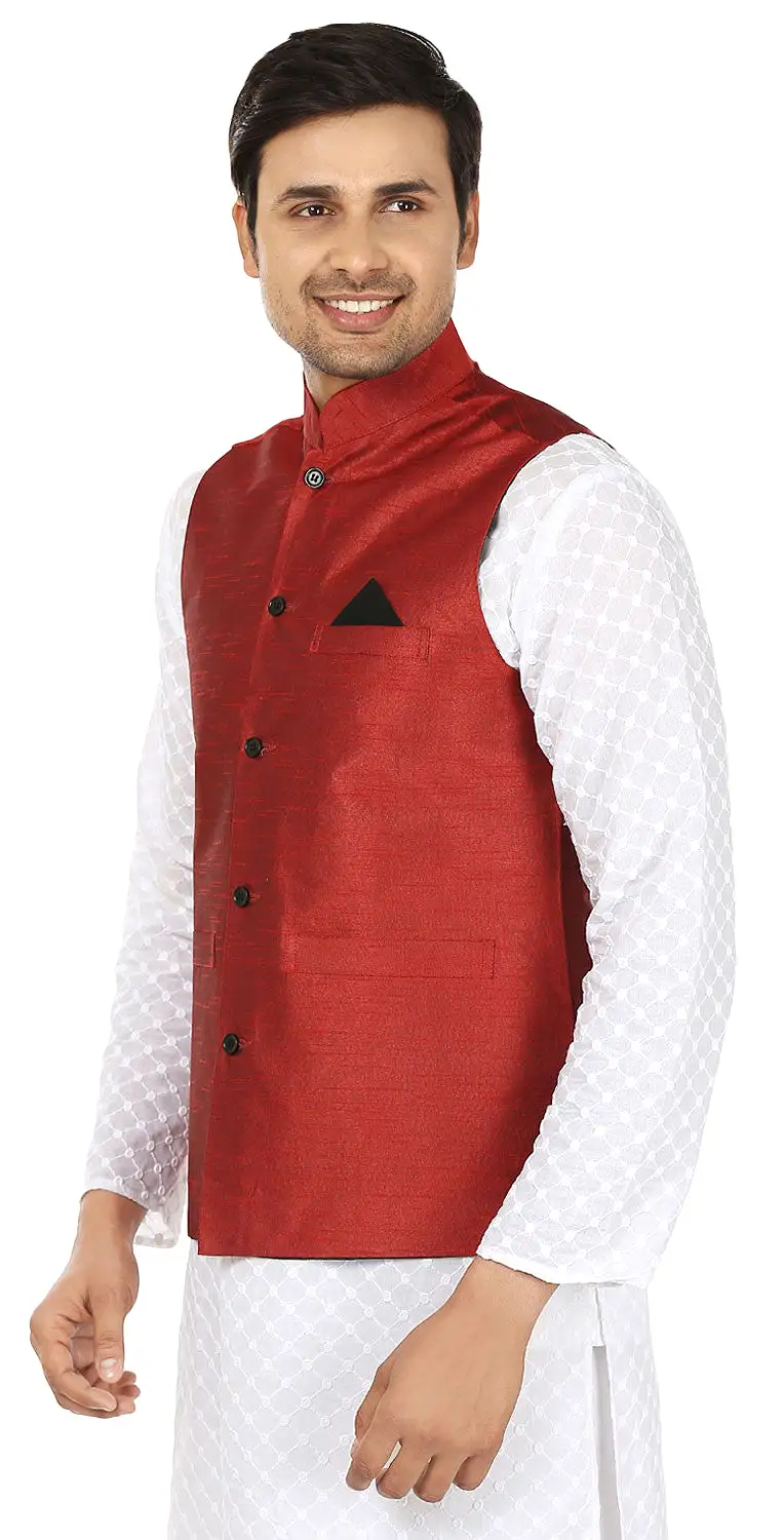 Traditional Men's Sleeve Less Silk Nehru Jacket India Waistcoat (Red)