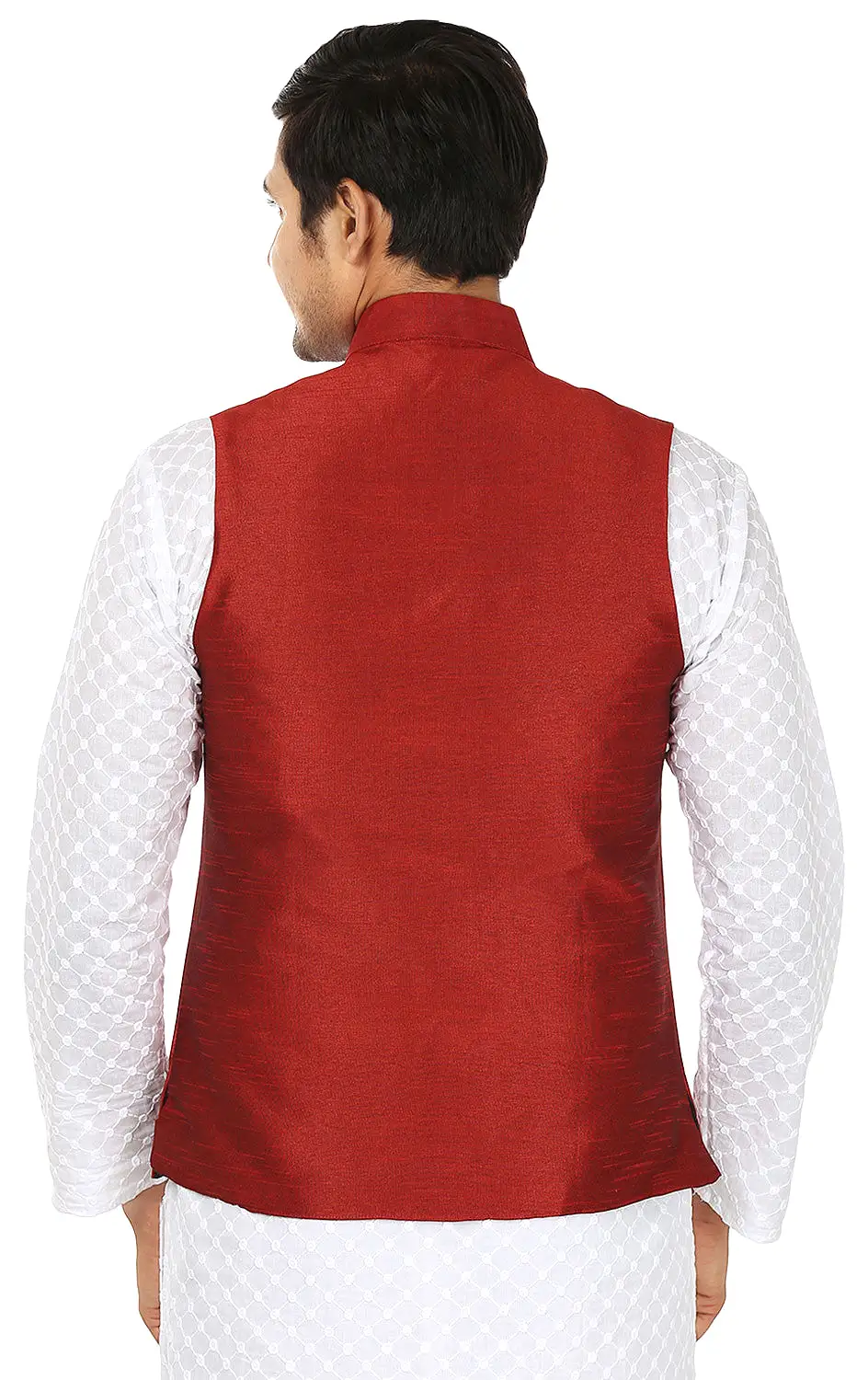 Traditional Men's Sleeve Less Silk Nehru Jacket India Waistcoat (Red)