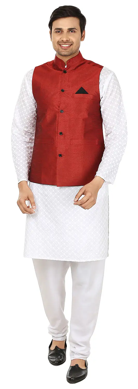 Traditional Men's Sleeve Less Silk Nehru Jacket India Waistcoat (Red)