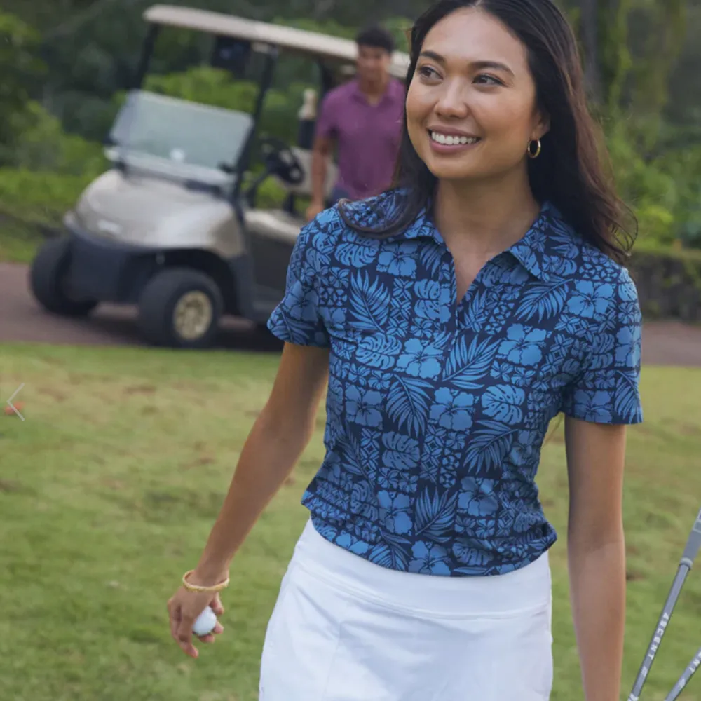 Tropical Tapa Johnny Collar Performance Polo - Navy