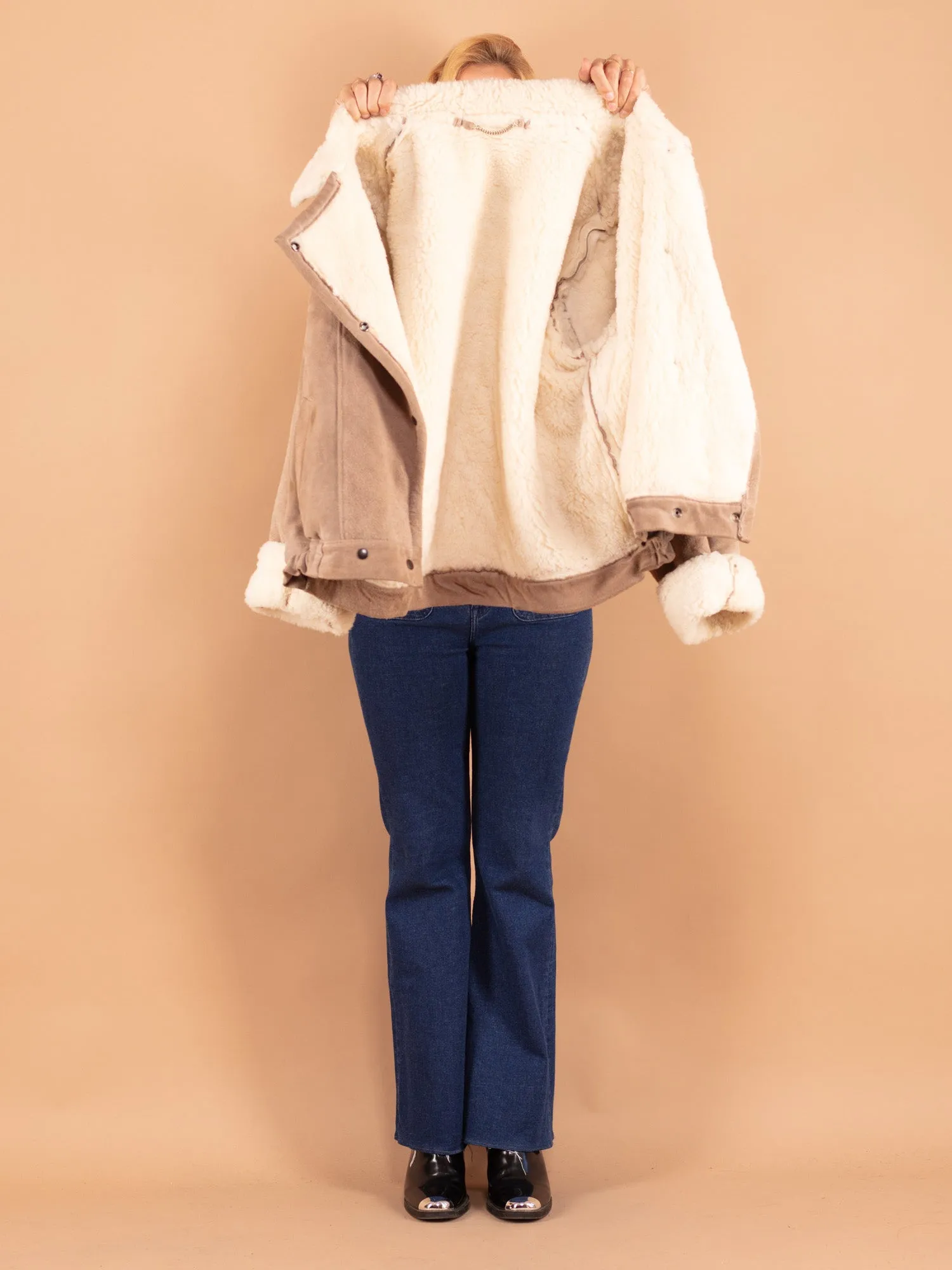 Vintage 90's Women Suede Sherpa Jacket in Beige