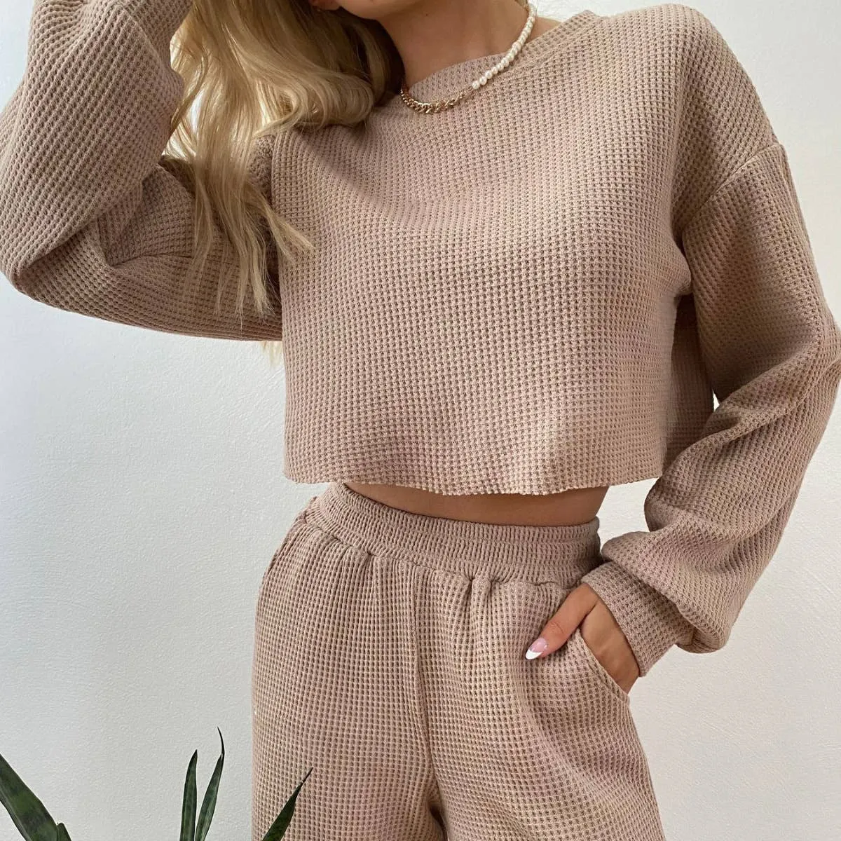 Waffle long sleeve crop top wide leg pant 2 piece set