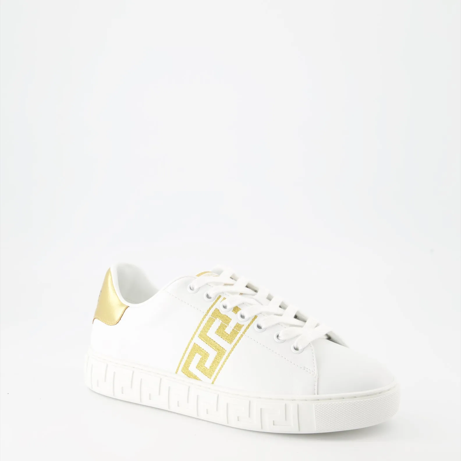 White Embroidered Greca Sneakers