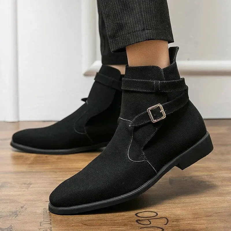 Wibo - Fashion suede leather boots for men with buckle/belt detail