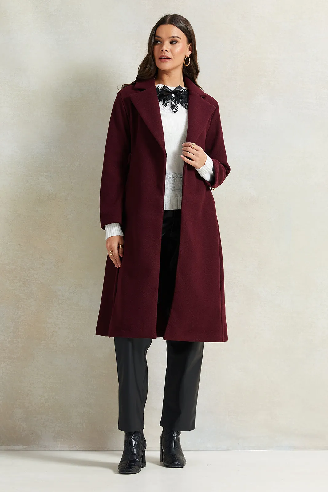 Women Burgundy Long Melton Jacket