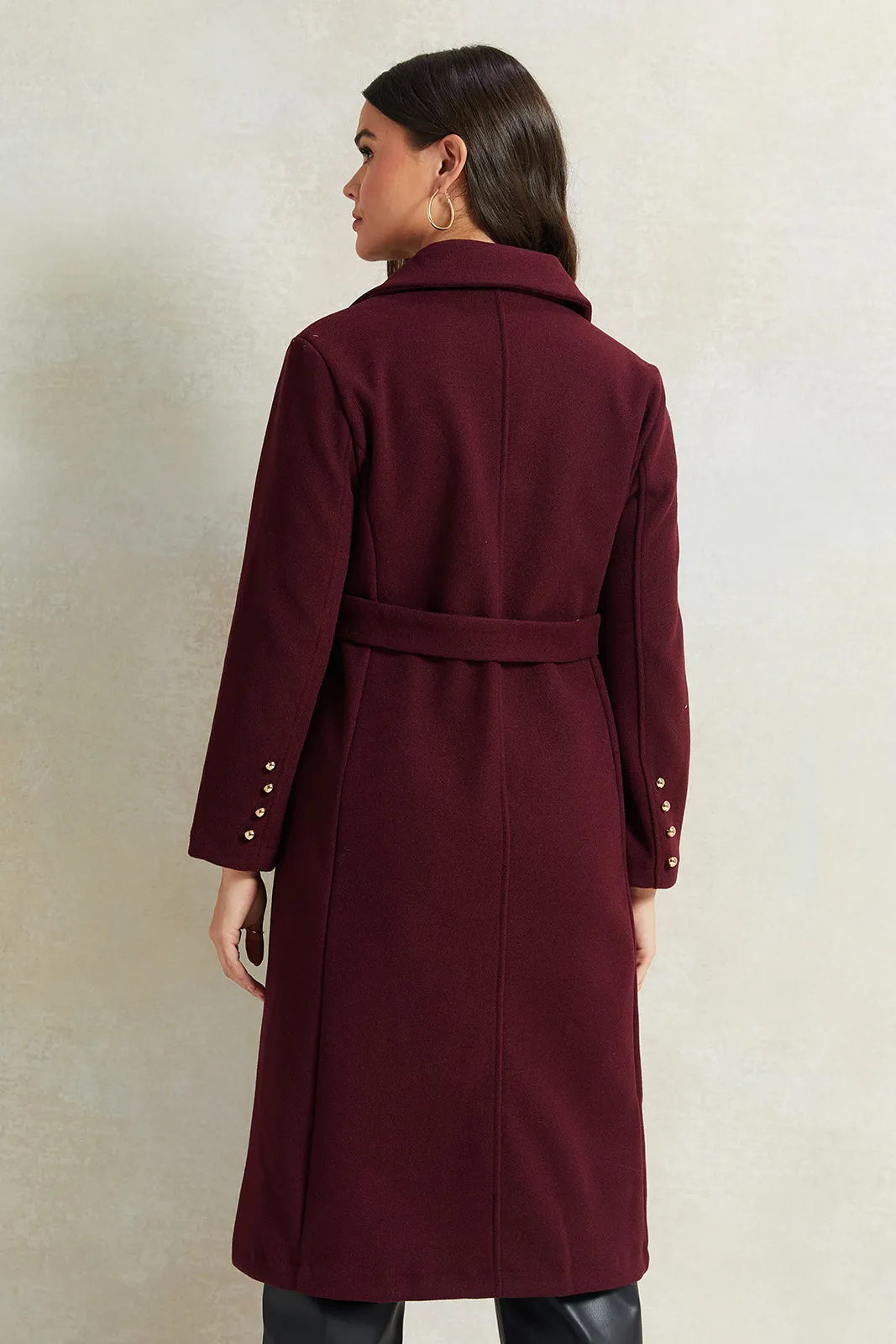 Women Burgundy Long Melton Jacket