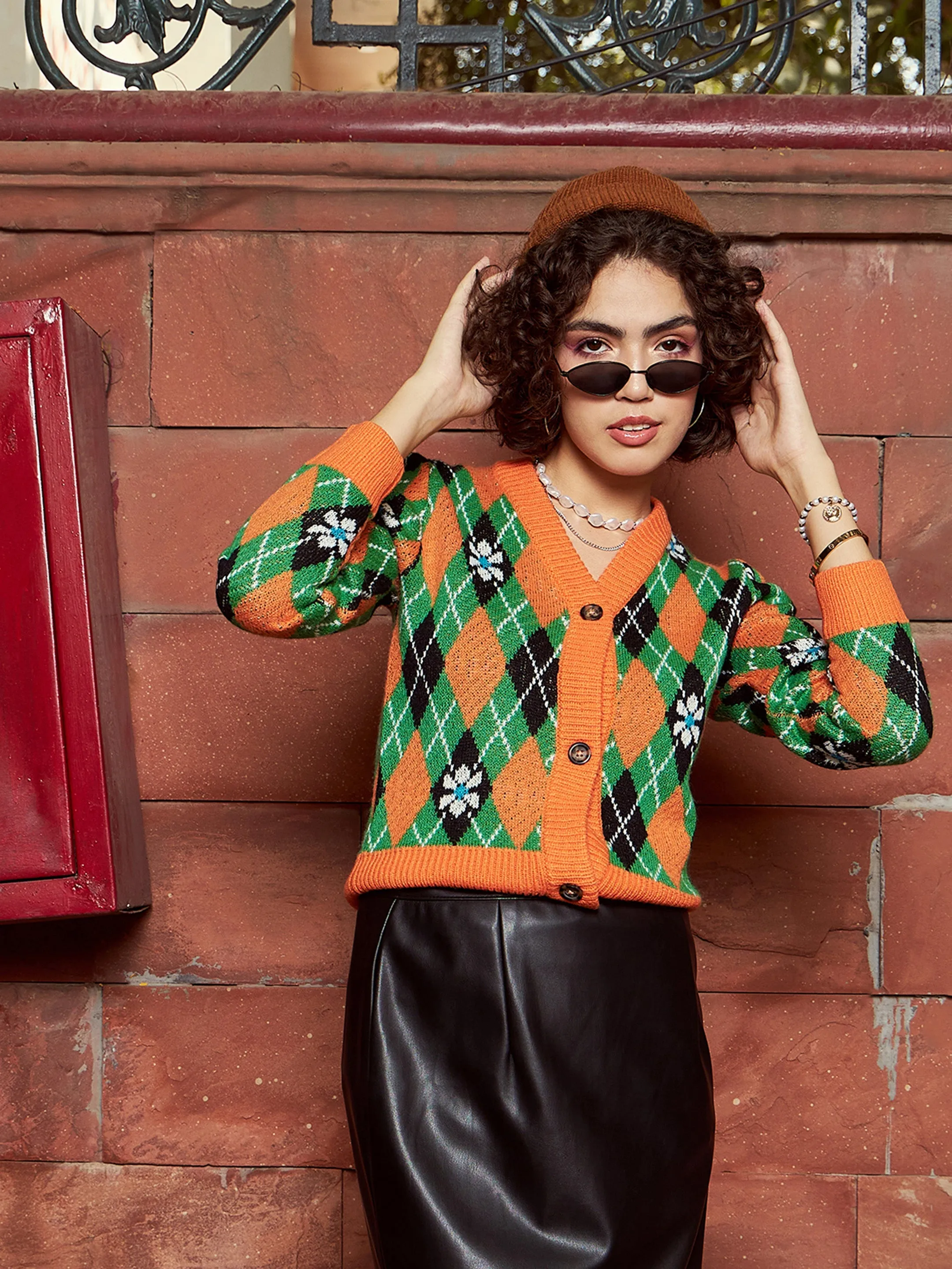 Women Orange Geometric Front Open Wool Cardigan