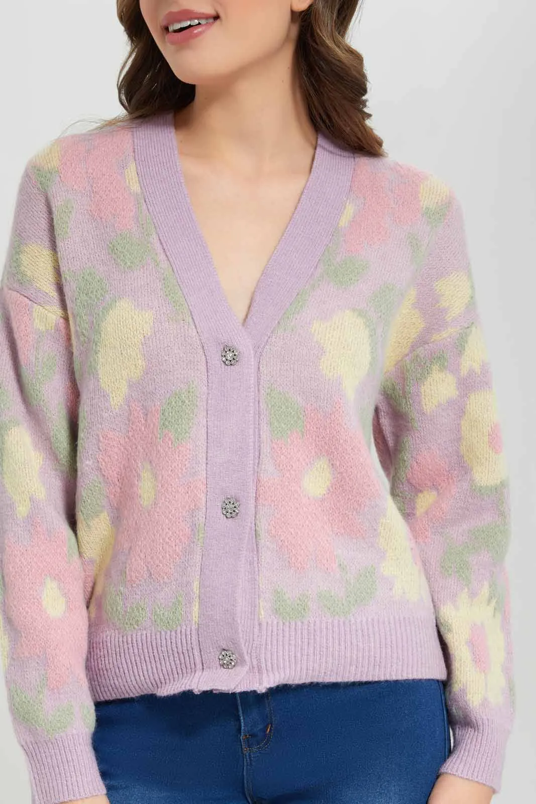 Women Purple Floral Knitted Cardigan