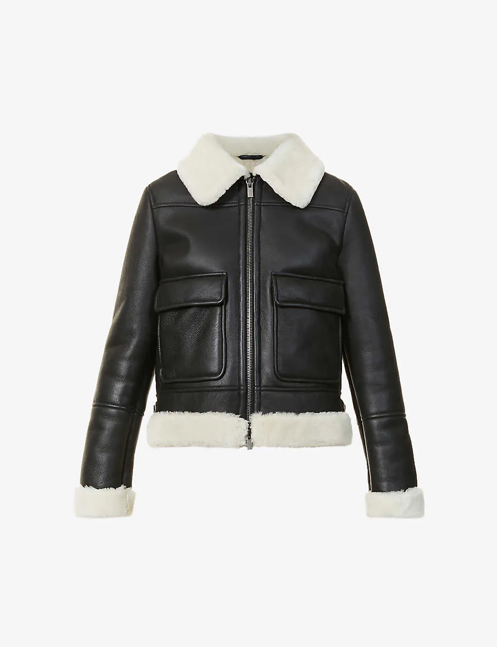 Women’s Black Leather White Shearling Big Collared Jacket