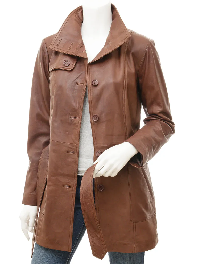 WOMENS LEATHER TRENCH COAT IN BROWN: CAMPBELL