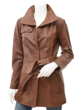 WOMENS LEATHER TRENCH COAT IN BROWN: CAMPBELL