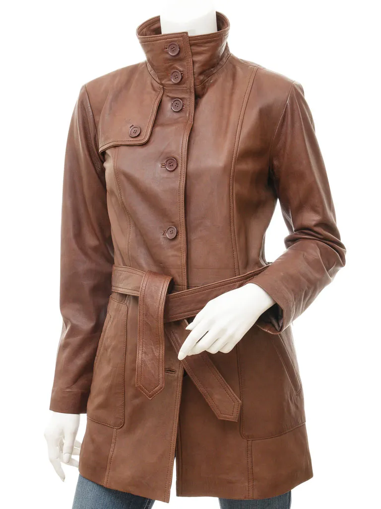 WOMENS LEATHER TRENCH COAT IN BROWN: CAMPBELL