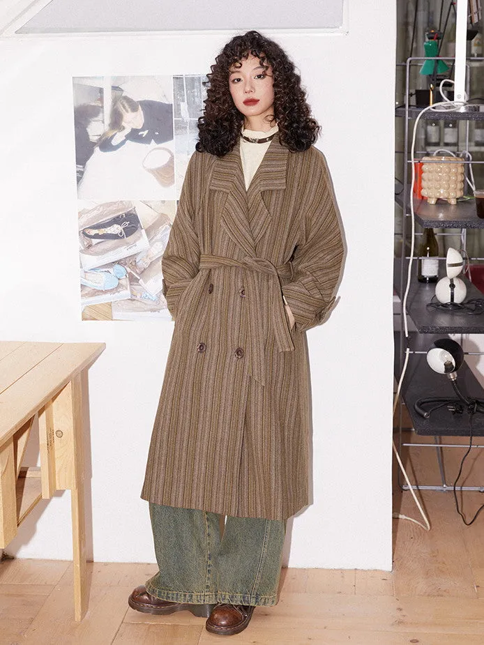 Wool Stripe Oversize Vintage Frop-Shoulder Long-Coat