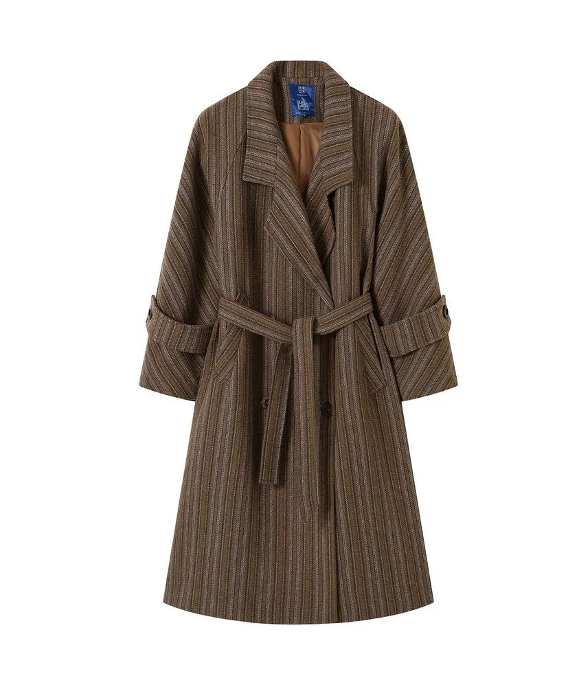 Wool Stripe Oversize Vintage Frop-Shoulder Long-Coat