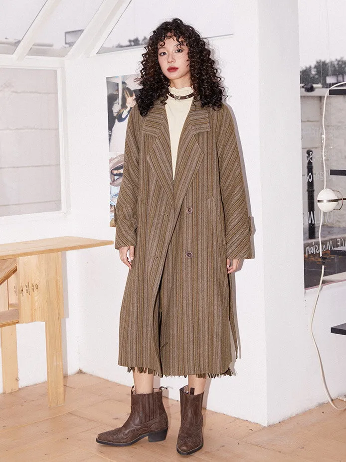 Wool Stripe Oversize Vintage Frop-Shoulder Long-Coat